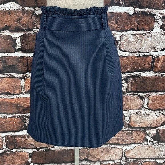 Oliver Bonas Skirt Paperbag Waist Blue Pinstripes Pockets Knee Length 14 - Picture 7 of 15